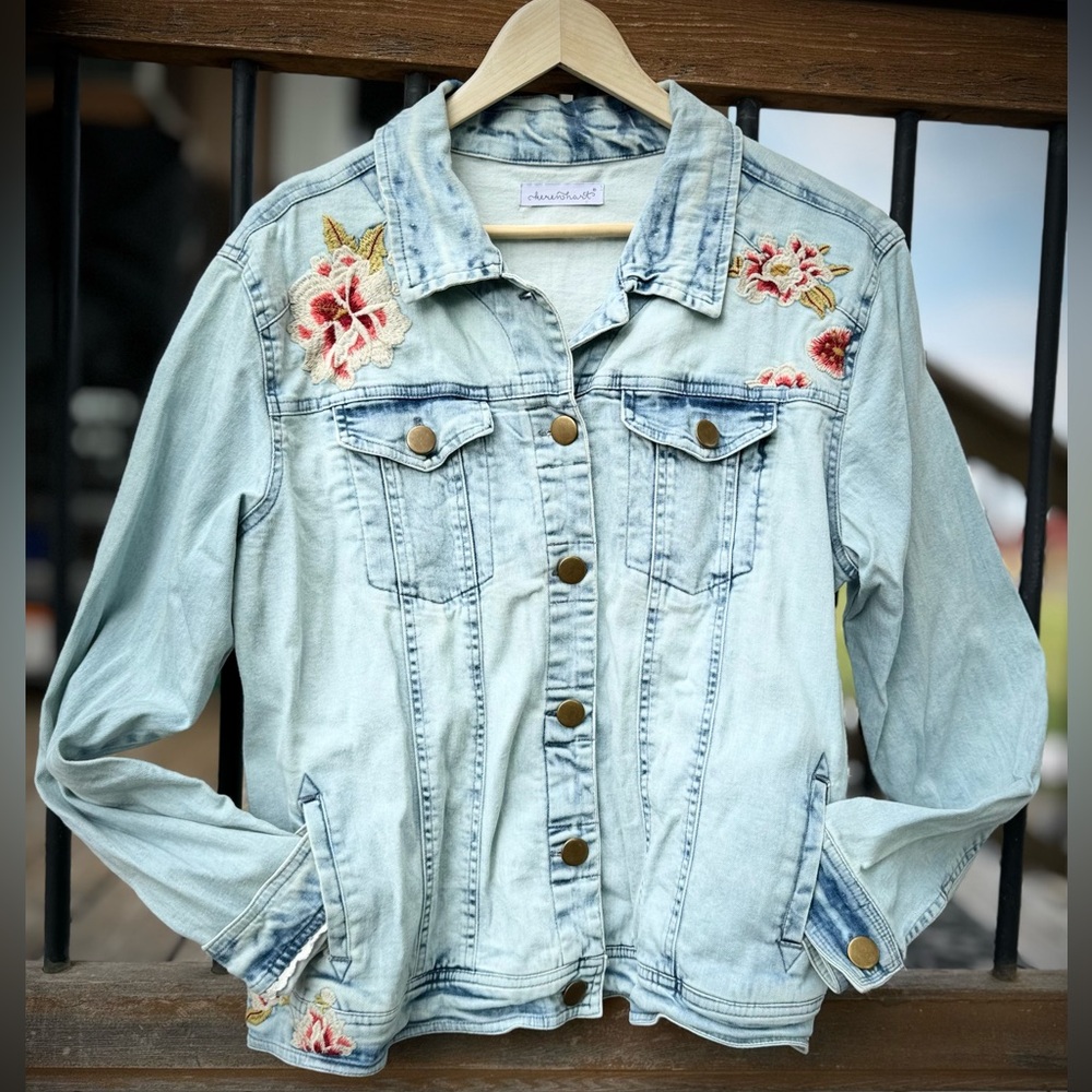 NWOT Karen Hart embroidered bleached denim jacket.